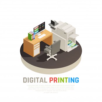 Contemporary digital printing house office software inkjet laser screen equipment designer desk rond isometric composition Free Vector