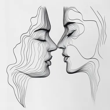 Continuous line drawing of two faces expressing connection and affection Continuous line drawing of two faces expressing connection and affection