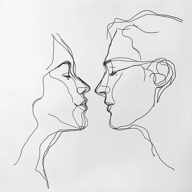 Continuous line drawing of two people face to face in love, home setting