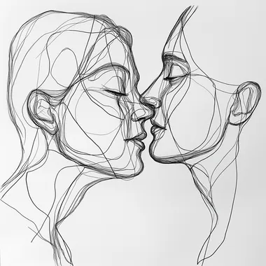 Continuous line drawing of two people kissing in an urban setting Continuous line drawing of two people kissing in an urban setting