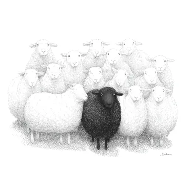 Contrasting Sheep Illustrations: A Bold Black Sheep Amongst White Ones Contrasting Sheep Illustrations: A Bold Black Sheep Amongst White Ones