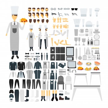 Cook character set for animation with various views, hairstyle, emotion, pose and gesture. Free Vector