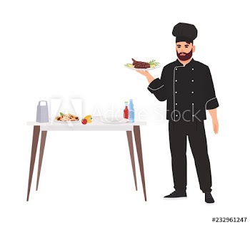 Cook dressed in uniform holding plate with delicious gourmet meal isolated on white background