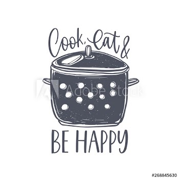 Cook, Eat And Be Happy lettering handwritten on stock pot