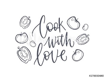 Cook With Love inspiring phrase or slogan handwritten with cursive calligraphic font and decorated by fresh vegetables