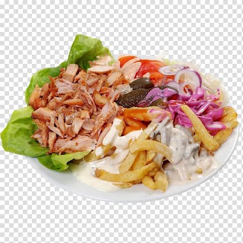 Cooked food with fries and sauce on white ceramic plate, Shawarma Doner kebab French fries Food, Shawarma transparent background PNG clipart
