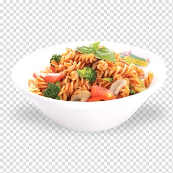 Cooked pasta with vegetables served on white bowl, Pasta Fettuccine Alfredo Pesto Pizza Lasagne, pasta transparent background PNG clipart