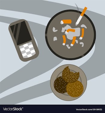 Cookie mobile phone and cigarette butts top vector image