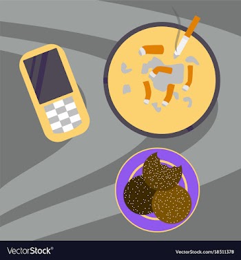 Cookie mobile phone and cigarette butts top vector image