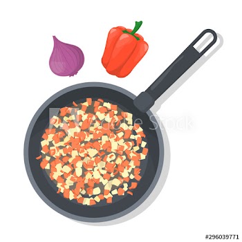 Cooking onion and red bell pepper in the frying pan
