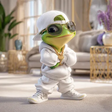 Cool Hip-Hop Frog Character in Stylish Indoor Setting Cool Hip-Hop Frog Character in Stylish Indoor Setting