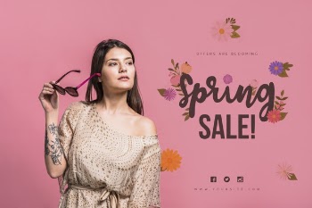 Copyspace mockup for spring sale with attractive woman Free Psd