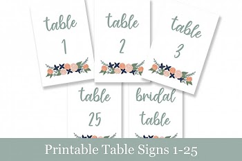 Coral Floral Table Numbers, Printable Wedding Signs