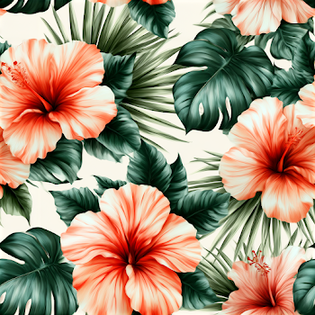Coral-Orange Hibiscus and Monstera Leaves Seamless Pattern