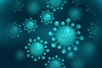 Coronavirus microbe cells in infected background Free Vector