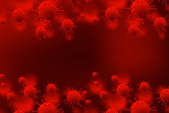 Coronavirus microbe cells in infected blood background Free Vector