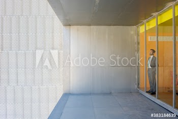 Corporate businessman looking out modern office window