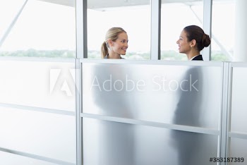 Corporate businesswomen talking face to face in office