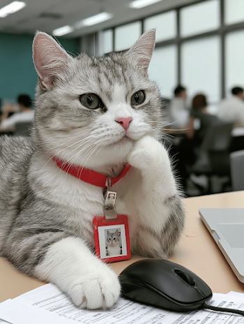 Corporate Cat: Thoughtful Gray Tabby at Office Desk