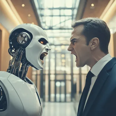 Corporate CEO Yelling at Robot Self in Modern Corporate Lobby Corporate CEO Yelling at Robot Self in Modern Corporate Lobby