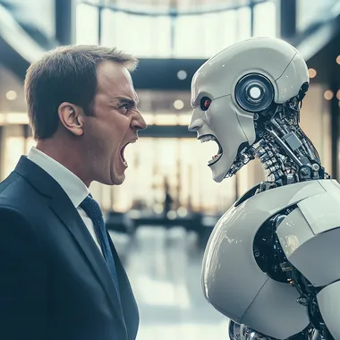 Corporate CEO Yelling at Robot Version of Himself in Modern Lobby Corporate CEO Yelling at Robot Version of Himself in Modern Lobby