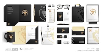 Corporate Identity Brand Mockup set on white background. Pealistic Branding mock-up of city lightbox, folder, blank, phone, tablet. Business Stationery Black mockup with golden lion crown icon logo