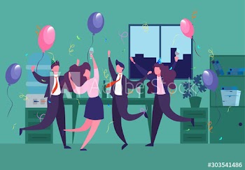 Corporate party in the office with balloons and confetti
