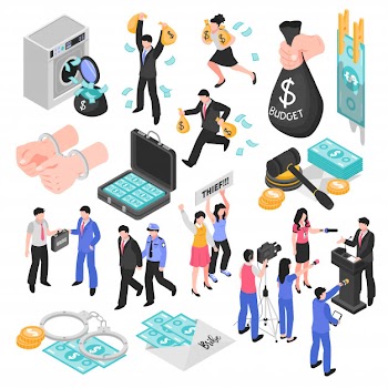 Corruption and dishonesty isometric set decorative icons representing corrupt judge business and politics embezzlement and bribery isolated Free Vector