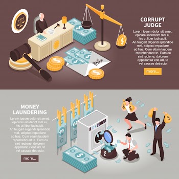 Corruption horizontal banners with text information about theft of public money and corrupt judges isometric Free Vector