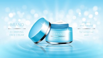 Cosmetic banner blue open jar for skin care cream, ready for promotion brand. Free Vector