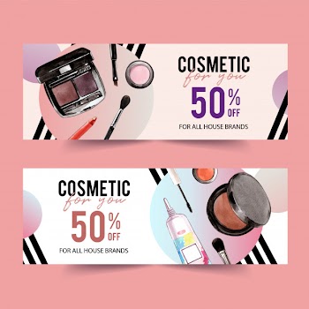 Cosmetic banner design with brush on, eyebrow palette Free Vector
