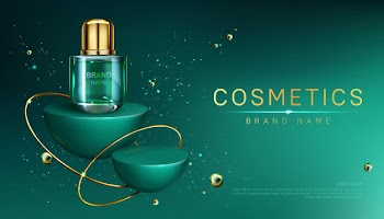 Cosmetic bottle on geometric podium banner Free Vector