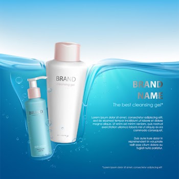 Cosmetic bottles cleansing gel, skin toner mockup, natural beauty cosmetics product Free Vector