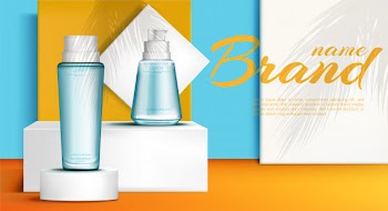 Cosmetic bottles on podium banner Free Vector