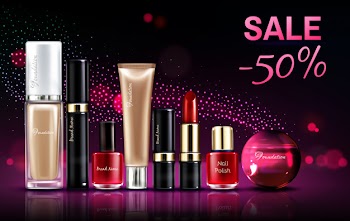 Cosmetics beauty products for makeup sale banner with glowing neon background and pink sparkles Free Vector