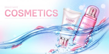 Cosmetics bottles floating in water with petals banner Free Vector