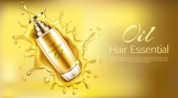 Cosmetics oil for hair essential product bottle with pump on gold with liquid droplets splash Free Vector