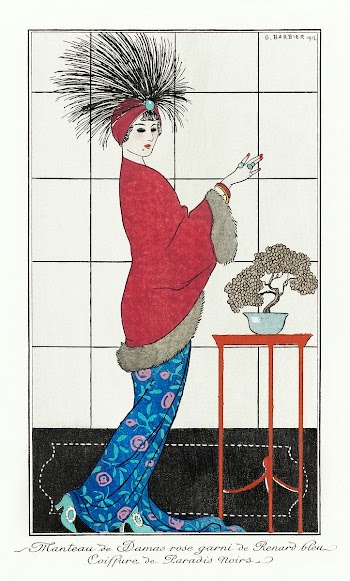 Costumes Parisiens, no. 35: Manteau de Damas ros from Journal des Dames et des Modes (1912) fashion illustration in high resolution in high resolution by George Barbier. Original from The Rijksmuseum. Digitally enhanced by rawpixel.