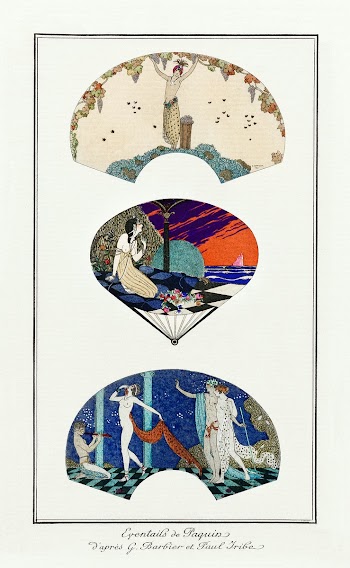 Costumes Parisiens, No. 42: Eventails de Paquin from Journal des Dames et des Modes (20 d&eacute;cembre 1912) fashion illustration in high resolution by George Barbier. Original from The Rijksmuseum. Digitally enhanced by rawpixel.
