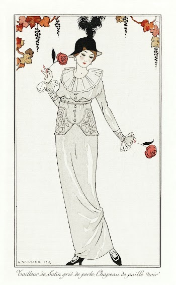 Costumes Parisiens, no. 8: Tailleur de Satin gris de perle. Chapeau de paille noir from Journal des Dames et des Modes (1912) fashion illustration in high resolution by George Barbier. Original from The Rijksmuseum. Digitally enhanced by rawpixel.