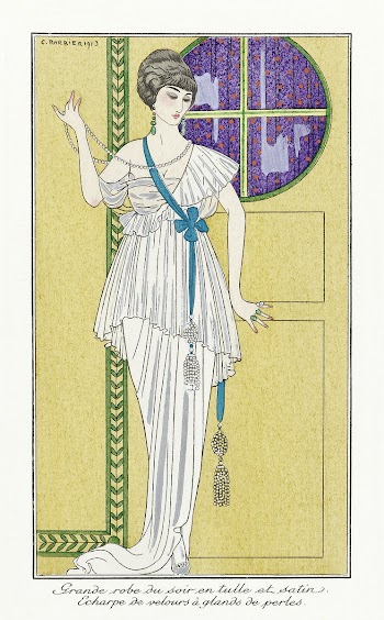 Costumes Parisiens, No. 84: Grande robe du soir from Journal des Dames et des Modes (1913) fashion illustration in high resolution by George Barbier. Original from The Rijksmuseum. Digitally enhanced by rawpixel.