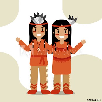 couple native american in traditional costume and headdress feathers culture vector illustration