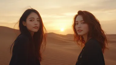 Couple of Women in Western Desert at Sunset, Asian and Caucasian Friends Couple of Women in Western Desert at Sunset, Asian and Caucasian Friends