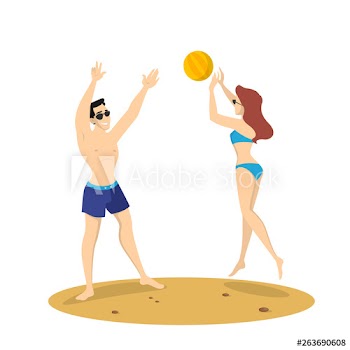 Couple playing the beach volleyball