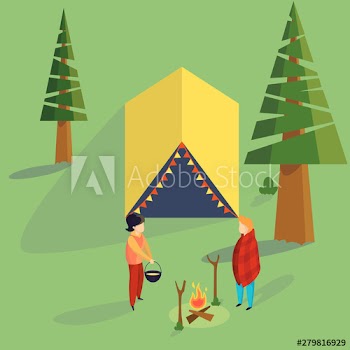 Couple standing at the campfire and cooking