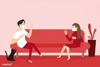 Couple wearing masks and keeping a physical distance in their own home.. | Free  vector - 2300909