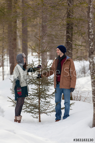 Couple with Christmas tree in snowy woods