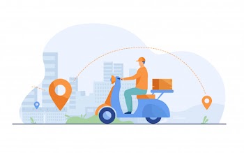 Courier shipping package at moped flat illustration Free Vector