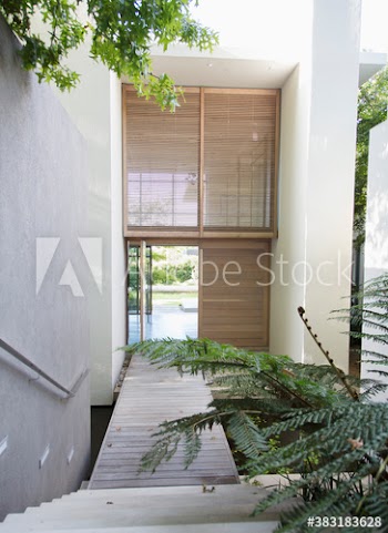 Courtyard steps leading to front door of luxury modern house