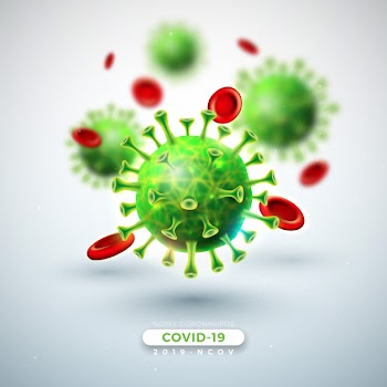 Covid-19. coronavirus outbreak design with falling virus and blood cell in microscopic view on light background. 2019-ncov corona virus illustration on dangerous sars epidemic theme for banner. Free Vector